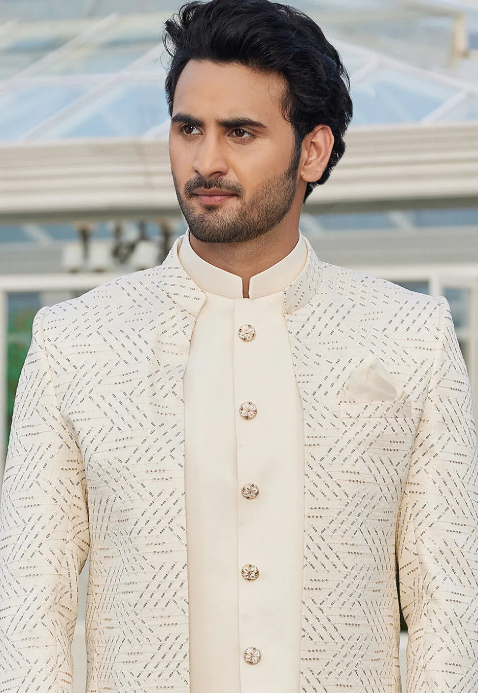 Embroidered Art Silk Jodhpuri Suit in Cream