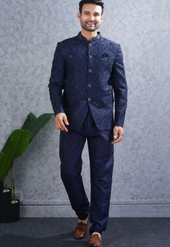 Embroidered Art Silk Jodhpuri Suit in Navy Blue