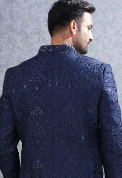 Embroidered Art Silk Jodhpuri Suit in Navy Blue