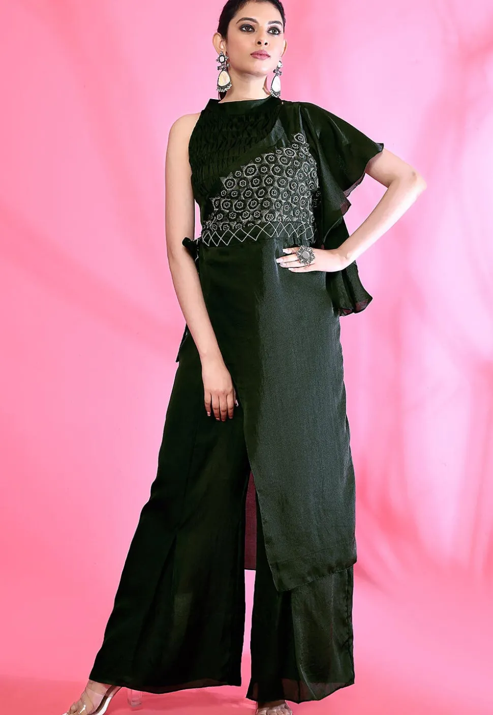 Embroidered Art Silk Jumpsuit in Dark Green
