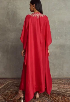 Embroidered Art Silk Kaftan Style Kurta Set in Red