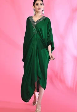 Embroidered Art Silk Kaftan Style Dress in Green