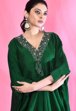 Embroidered Art Silk Kaftan Style Dress in Green
