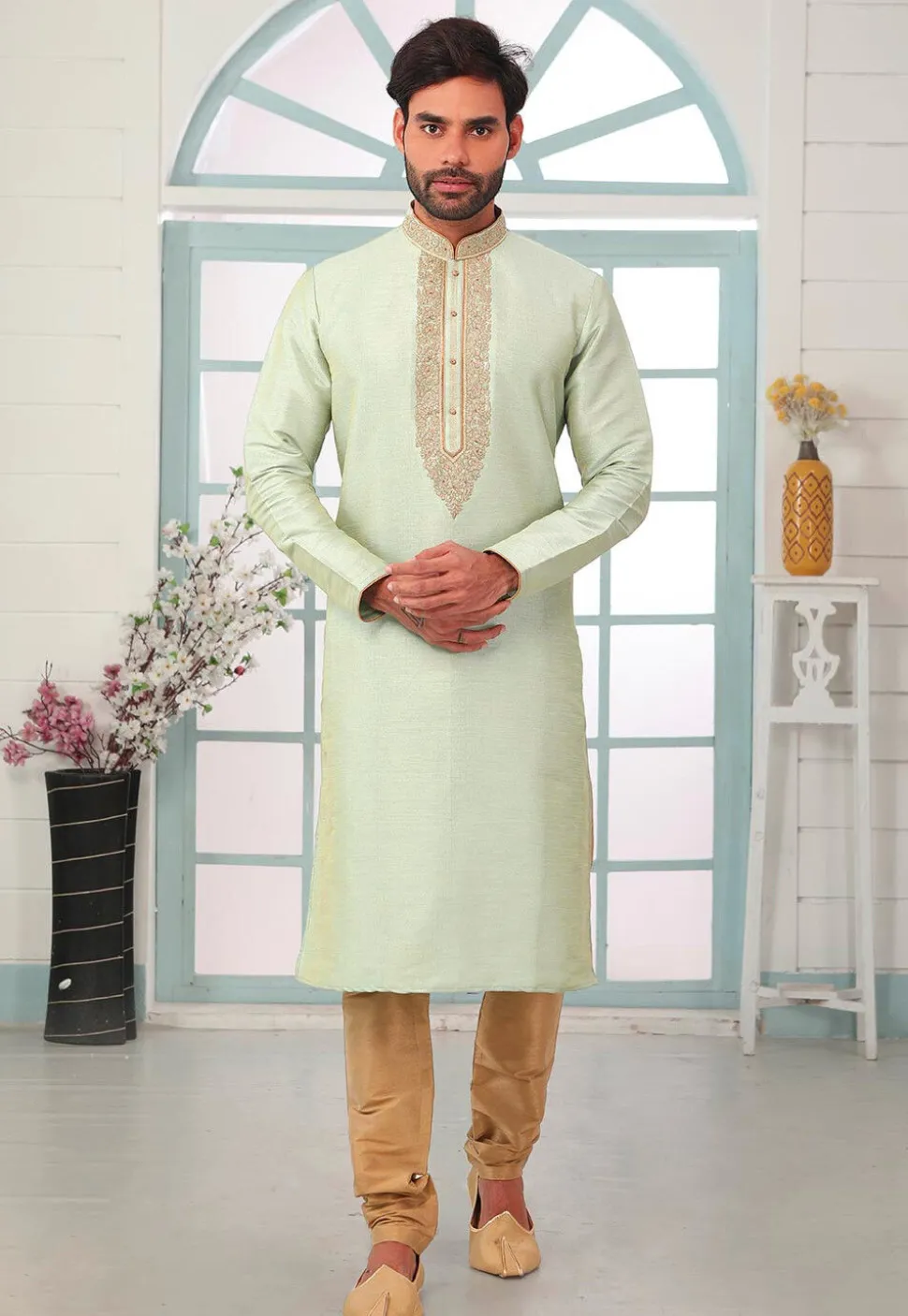 Embroidered Art Silk Kurta Set in Sea Green
