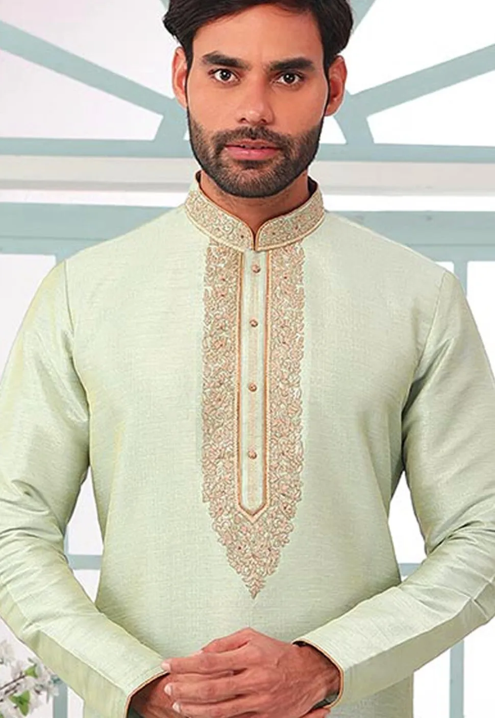 Embroidered Art Silk Kurta Set in Sea Green