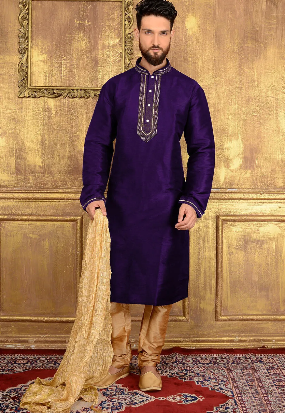 Embroidered Art Silk Kurta Set in Purple