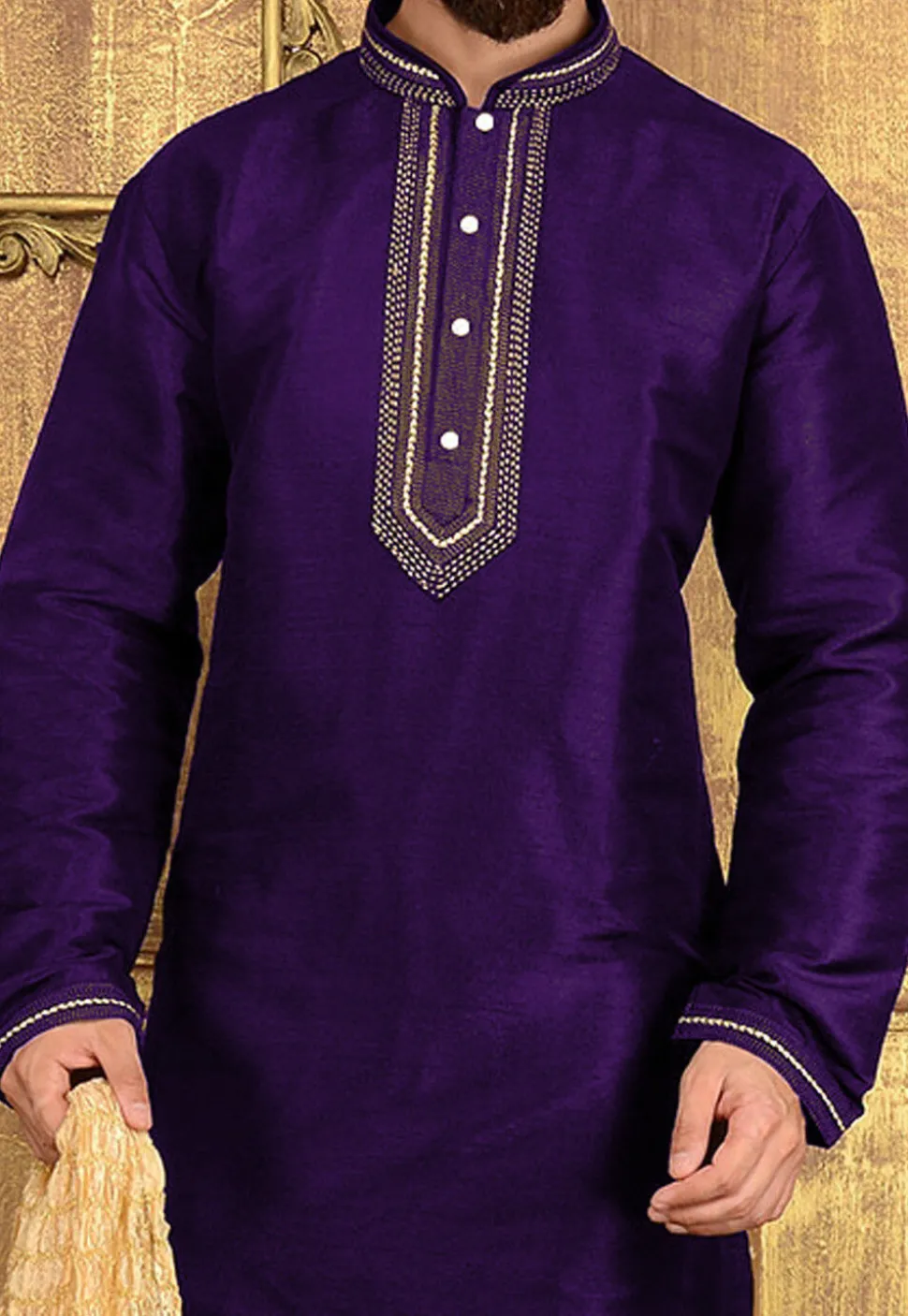 Embroidered Art Silk Kurta Set in Purple