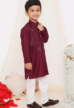 Embroidered Art Silk Kurta Set in Wine
