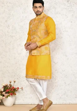 Embroidered Art Silk Kurta Set in Yellow