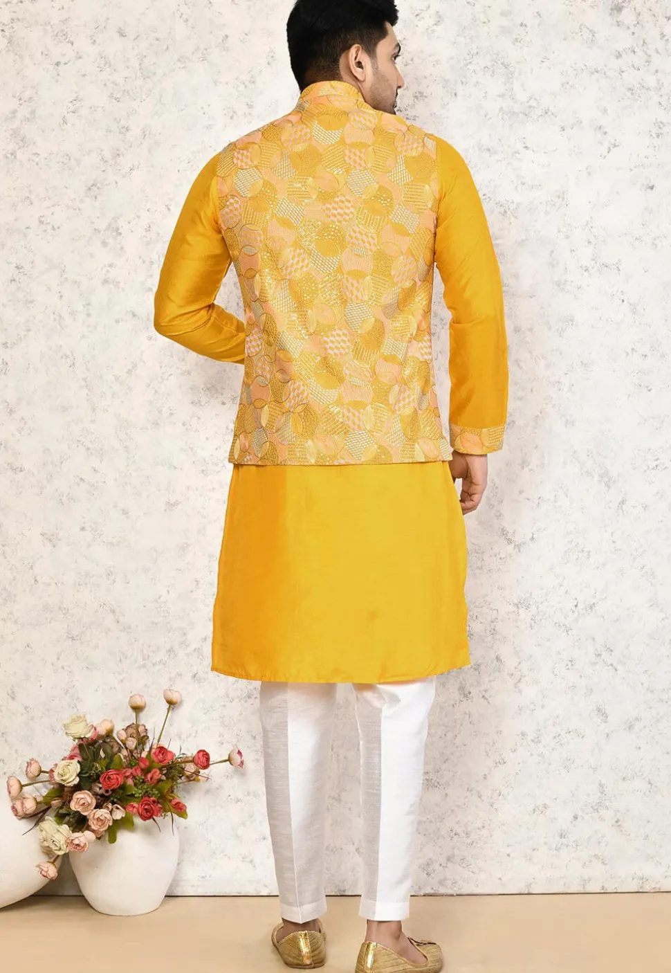 Embroidered Art Silk Kurta Set in Yellow