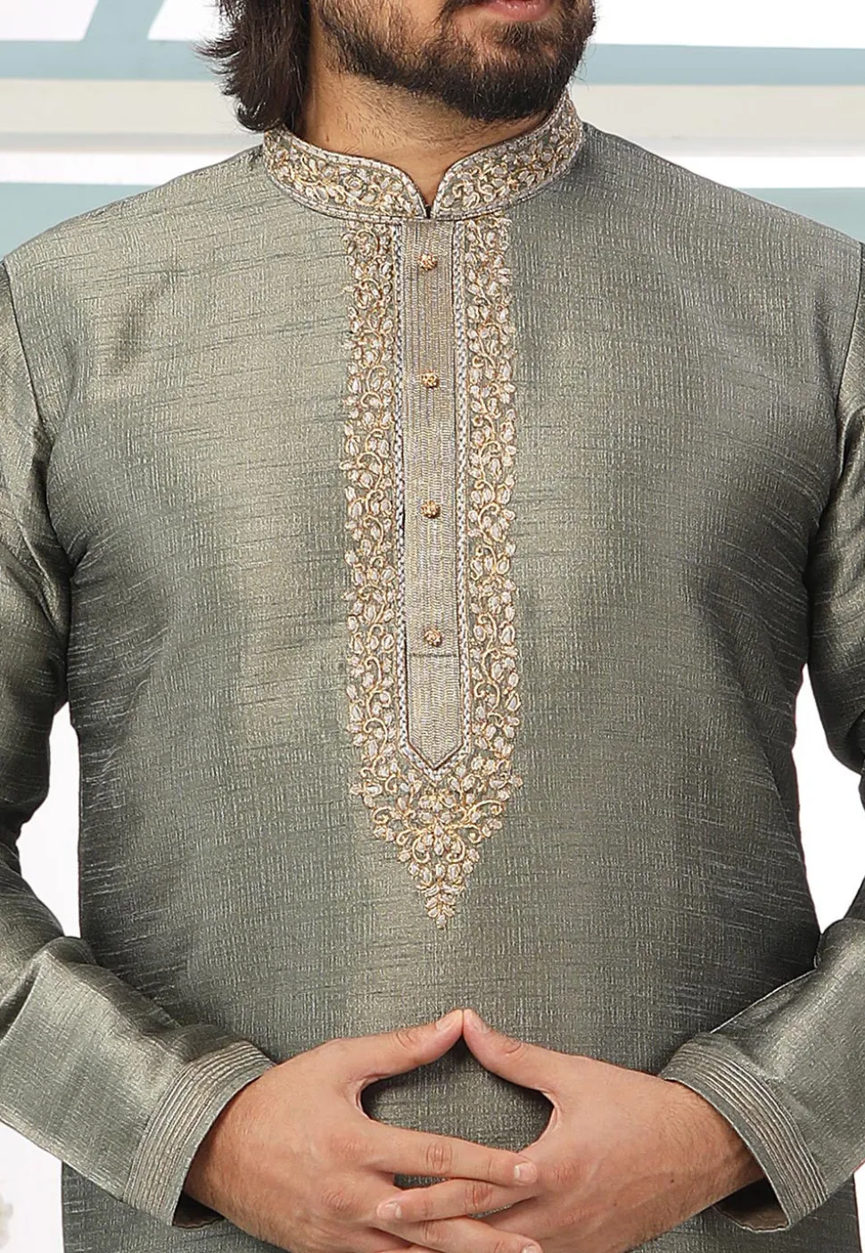 Embroidered Art Silk Kurta Set in Grey