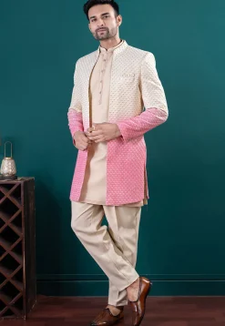 Embroidered Art Silk Kurta Set in Beige
