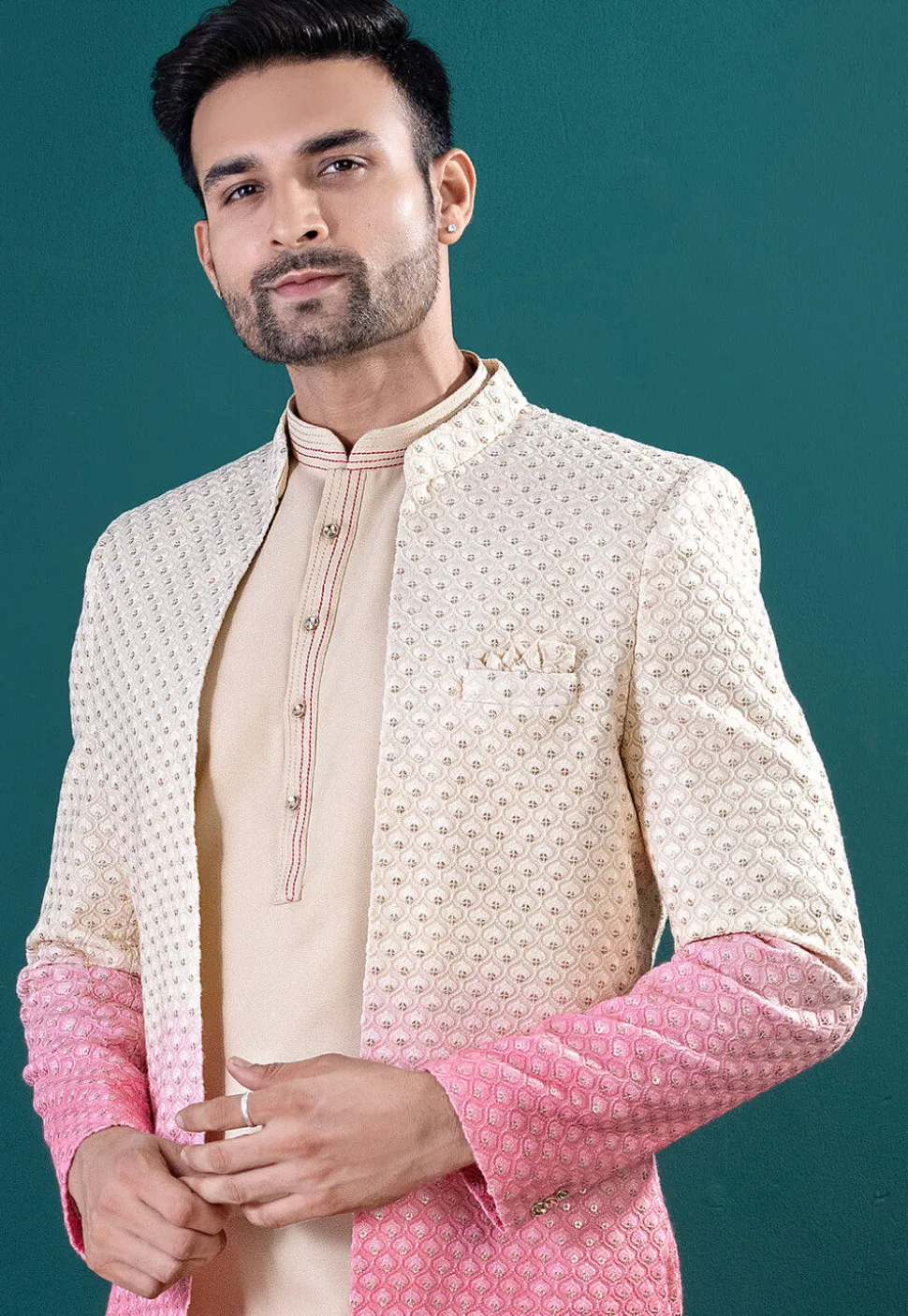 Embroidered Art Silk Kurta Set in Beige
