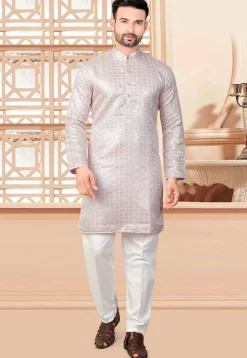 Embroidered Art Silk Kurta Set in Peach