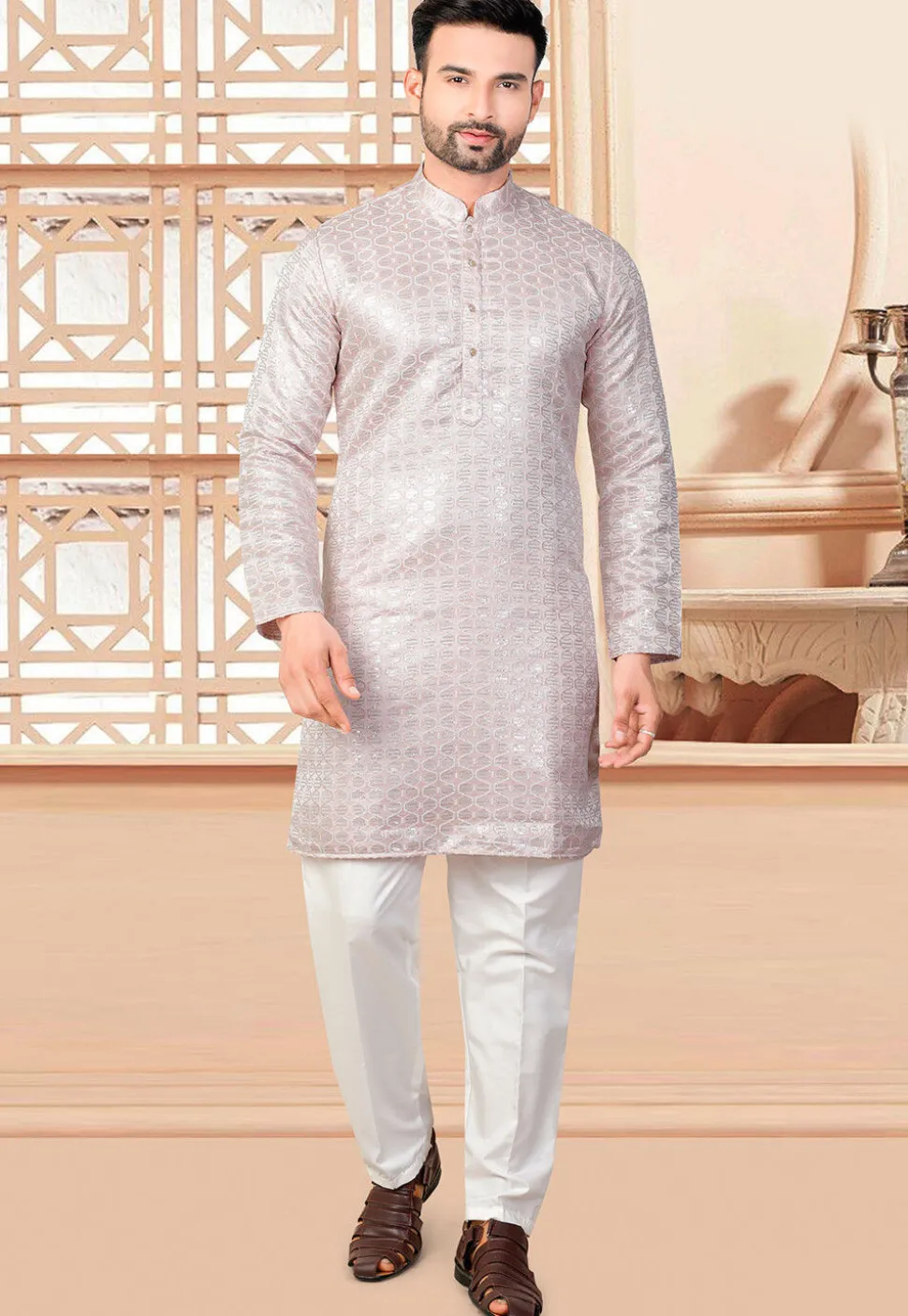 Embroidered Art Silk Kurta Set in Peach