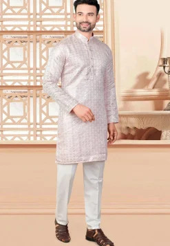 Embroidered Art Silk Kurta Set in Peach
