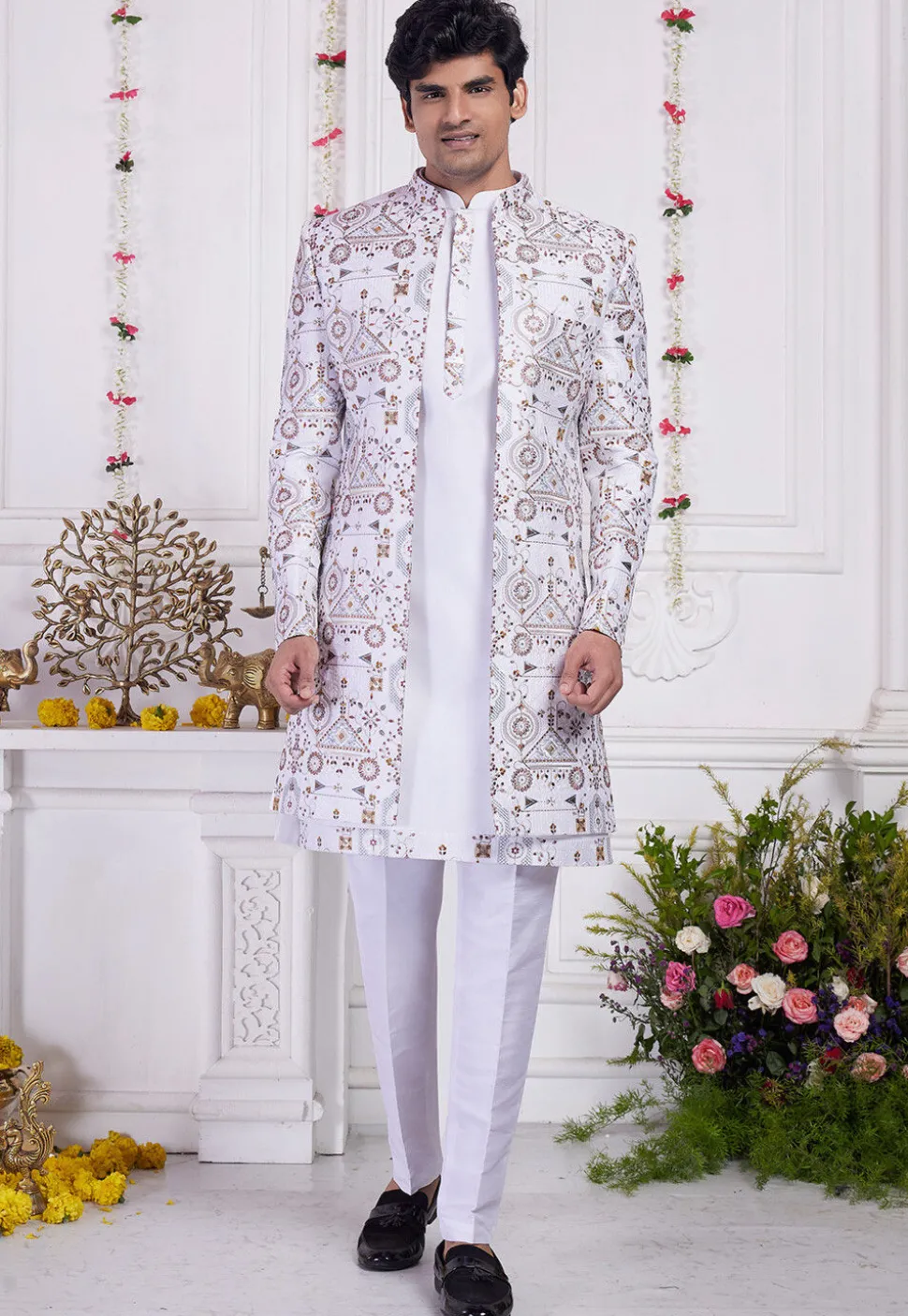 Embroidered Art Silk Kurta Set in Off White