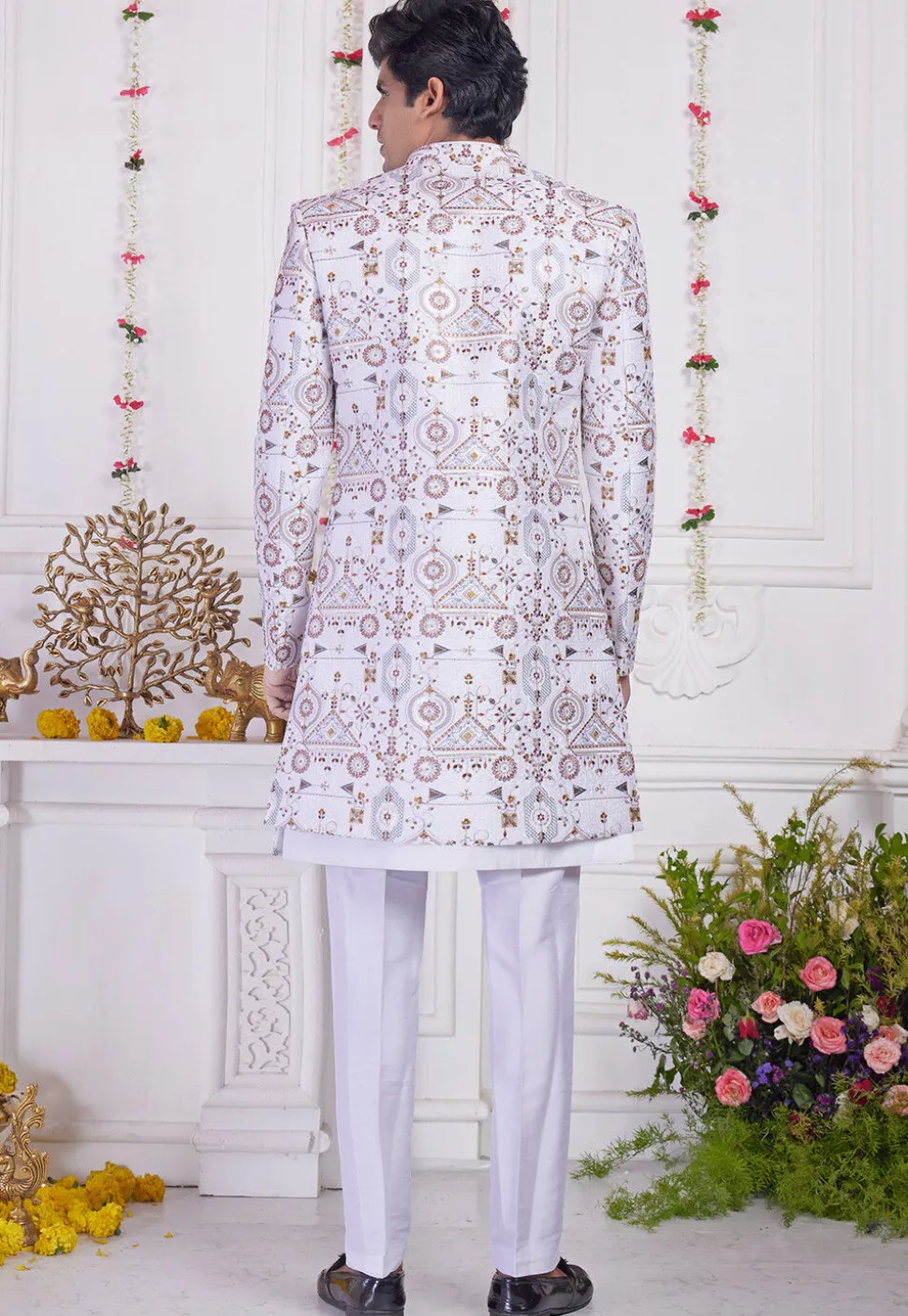 Embroidered Art Silk Kurta Set in Off White