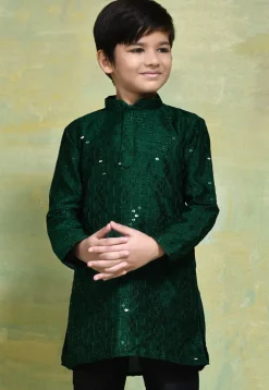 Embroidered Art Silk Kurta in Dark Green