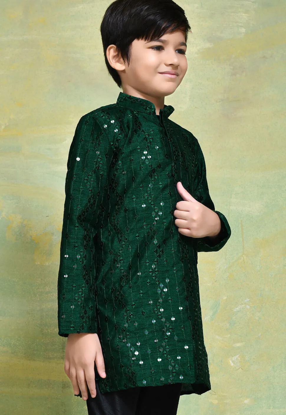 Embroidered Art Silk Kurta in Dark Green