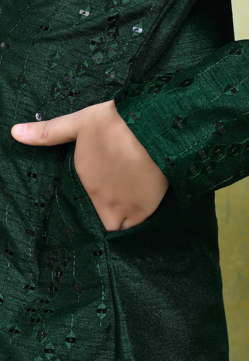 Embroidered Art Silk Kurta in Dark Green