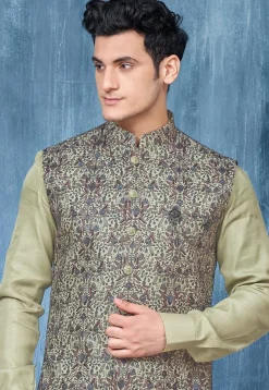 Embroidered Art Silk Kurta Set in Dusty Green