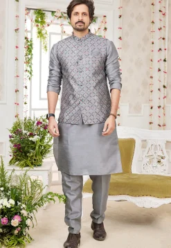 Embroidered Art Silk Kurta Set in Grey