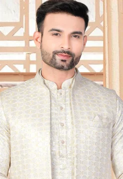 Embroidered Art Silk Kurta Set in Off White