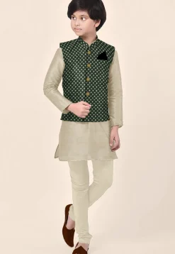 Embroidered Art Silk Kurta Set in Beige and Dark Green