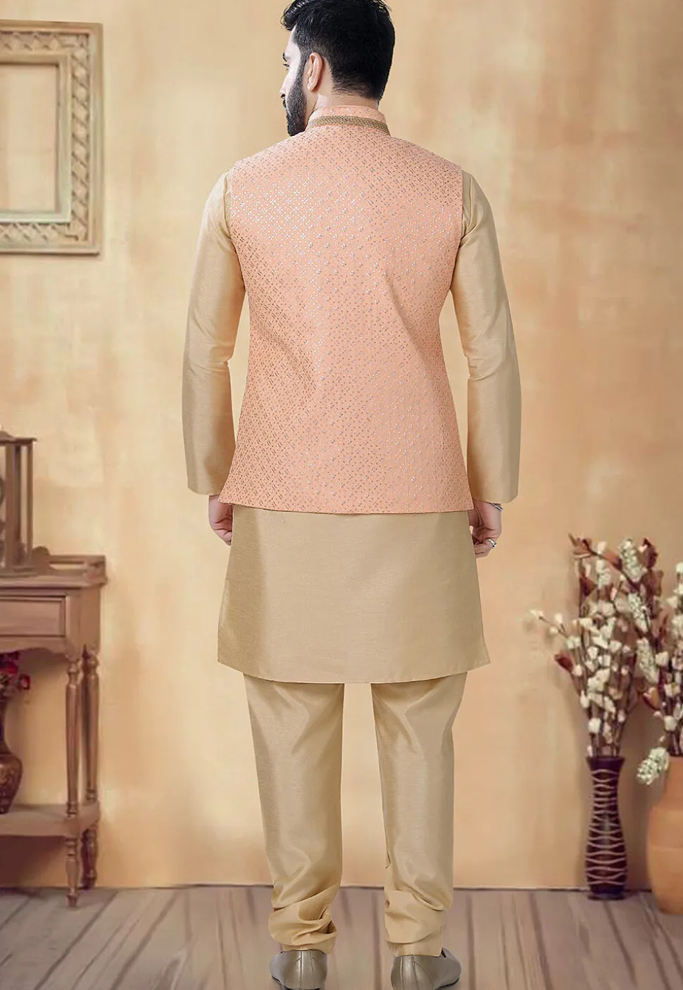 Embroidered Art Silk Kurta Set in Beige and Peach