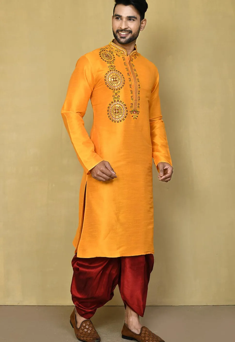 Embroidered Art Silk Kurta Dhoti in Yellow