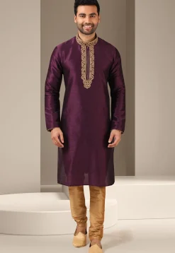 Embroidered Art Silk Kurta in Wine