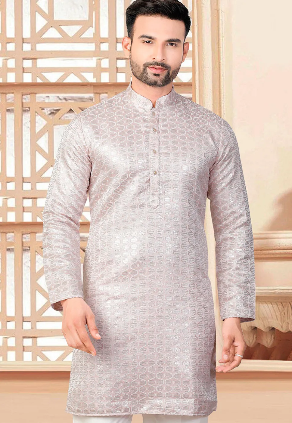 Embroidered Art Silk Kurta in Peach