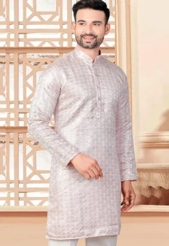 Embroidered Art Silk Kurta in Peach