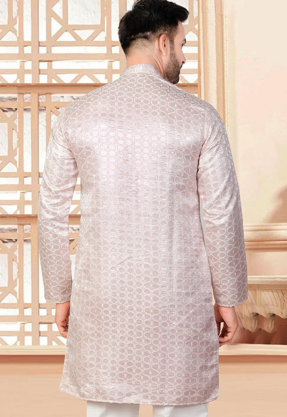 Embroidered Art Silk Kurta in Peach