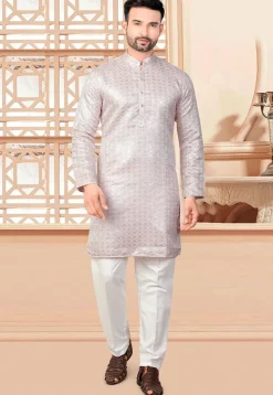 Embroidered Art Silk Kurta in Peach