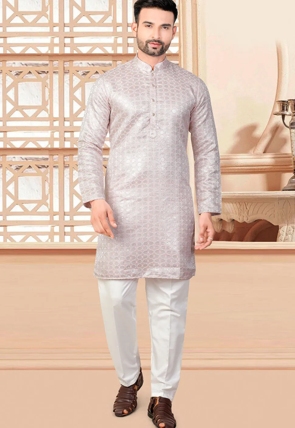 Embroidered Art Silk Kurta in Peach