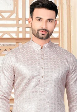 Embroidered Art Silk Kurta in Peach
