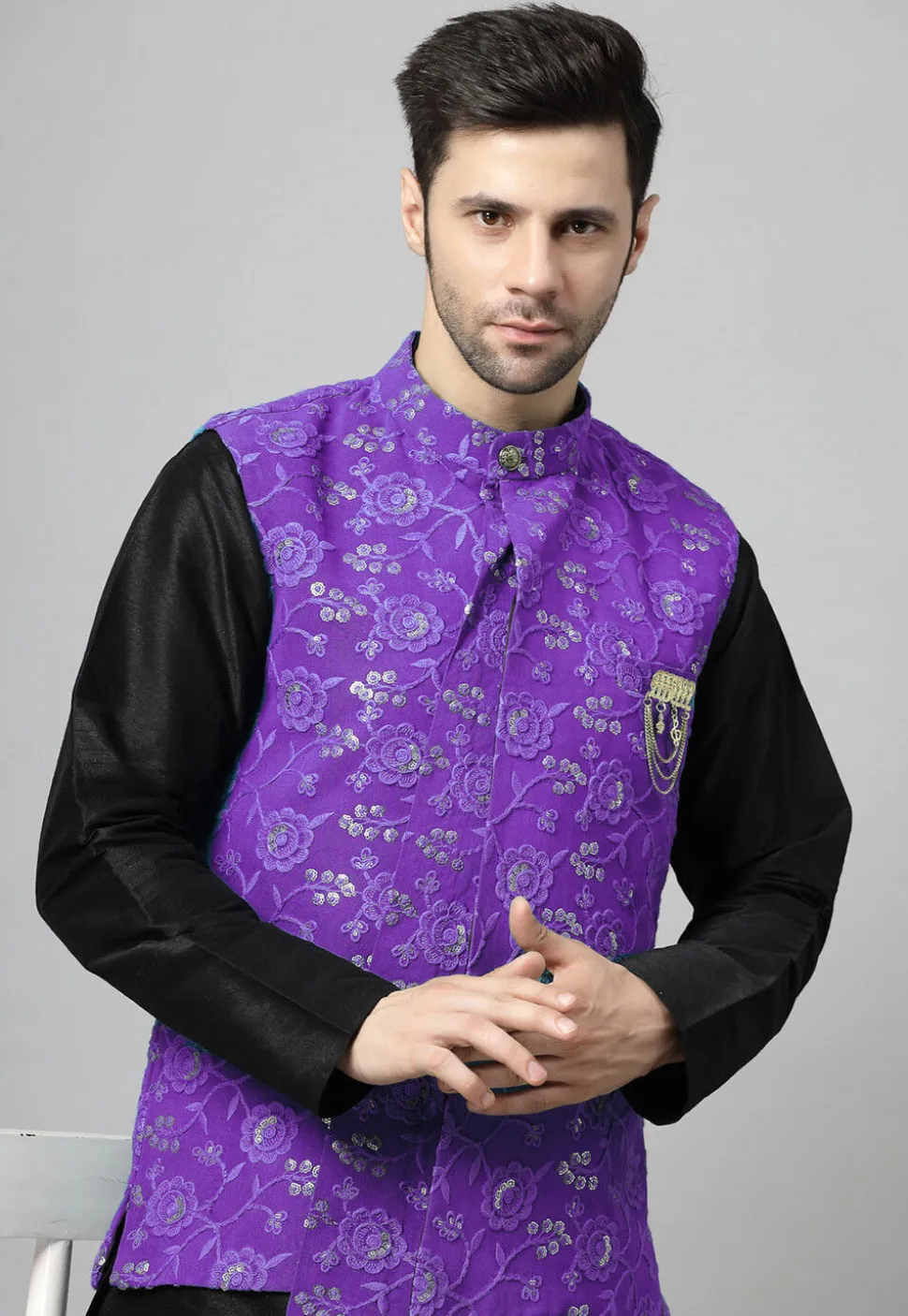 Embroidered Art Silk Kurta Set in Black and Purple