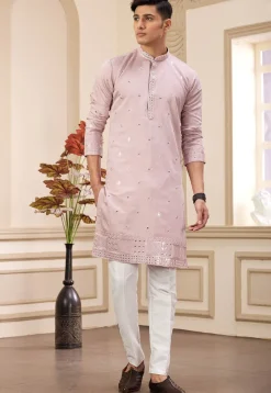 Embroidered Art Silk Kurta Set in Peach