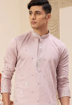 Embroidered Art Silk Kurta Set in Peach
