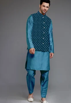 Embroidered Art Silk Kurta Set in Blue