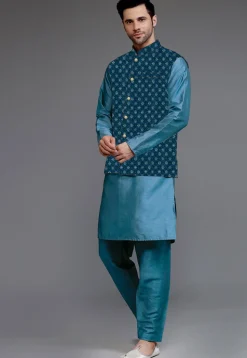 Embroidered Art Silk Kurta Set in Blue