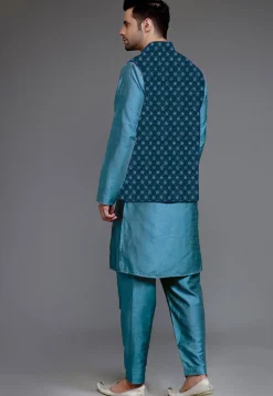 Embroidered Art Silk Kurta Set in Blue