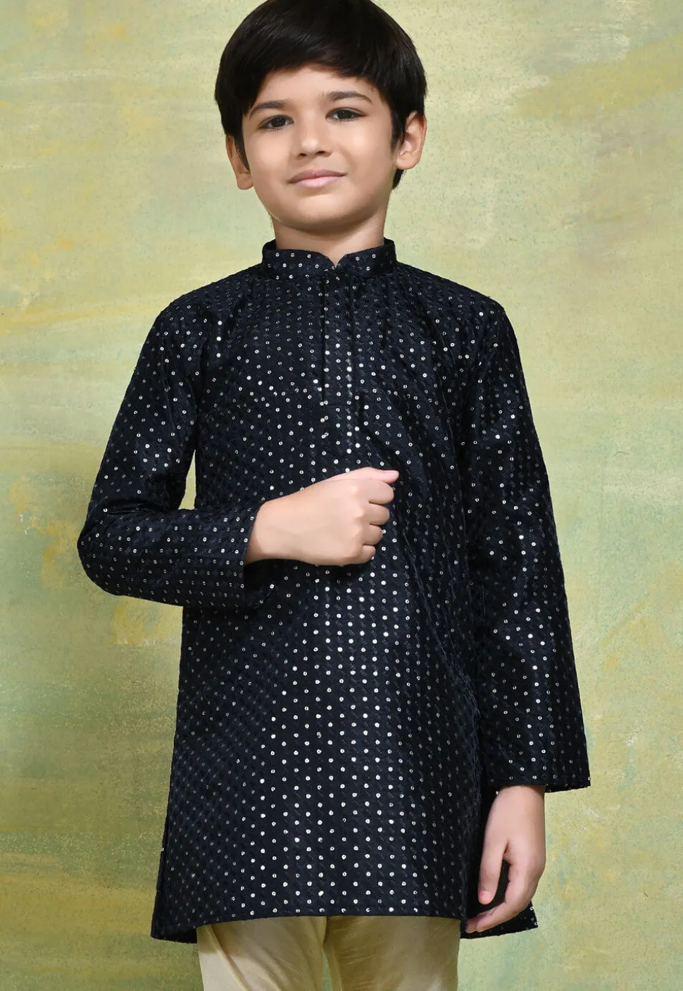 Embroidered Art Silk Kurta in Navy Blue