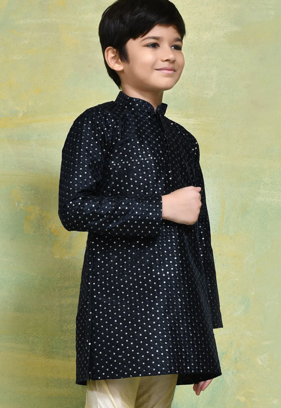 Embroidered Art Silk Kurta in Navy Blue