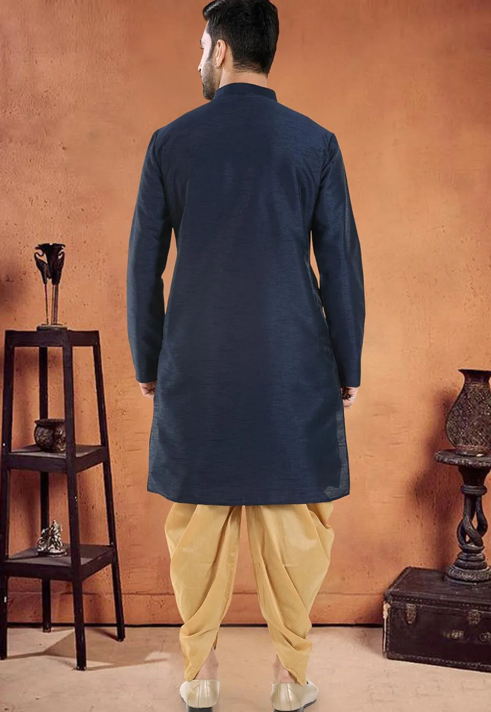 Embroidered Art Silk Kurta Set in Navy Blue