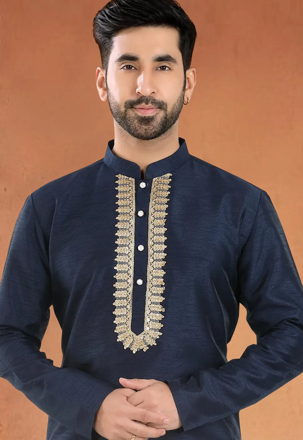 Embroidered Art Silk Kurta Set in Navy Blue