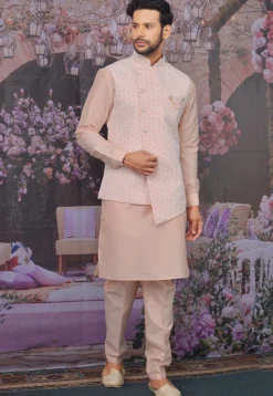 Embroidered Art Silk Kurta Jacket Set in Peach