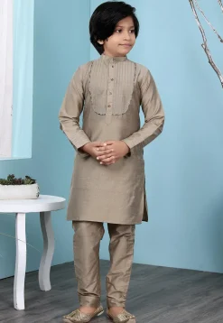 Embroidered Art Silk Kurta Set in Fawn